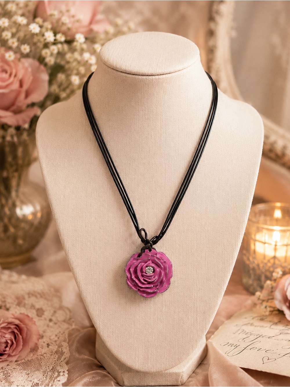 Elegant Pink Rose‎ Pendant Necklace